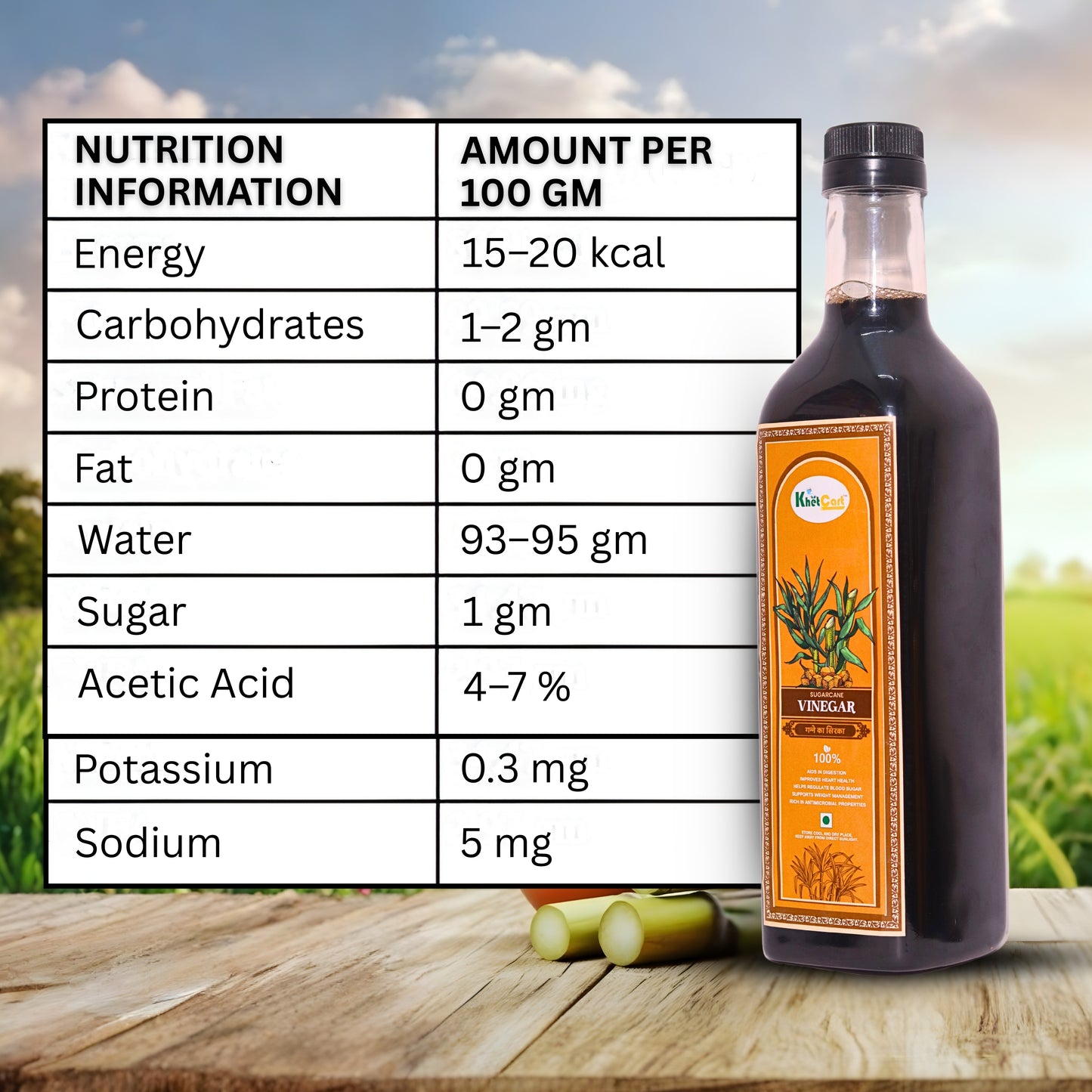 Bottle of vinegar with nutrition information table on a wooden surface